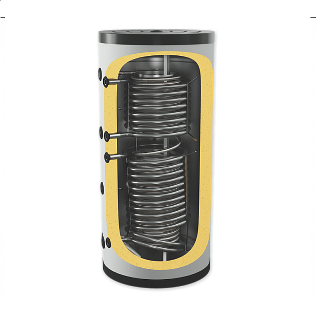 Неемайлиран буферен съд 500 л. с две черни и една неръждаема серпентина